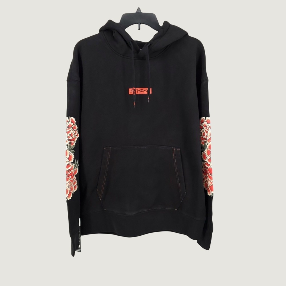 Ethika Lifestyle 100% Cotton Hoodie Mens Small Black Floral Sleeve Peony Graphic